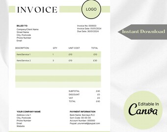 Plantilla de factura editable, formulario de pedido personalizado minimalista para pequeñas empresas imprimible, descarga instantánea