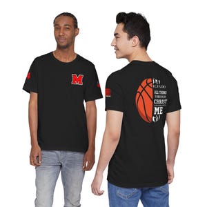 May include: Black t-shirts with red details and graphics. One has a red "M" logo and the number "4". The other shows a basketball graphic with the text "I can do all things through Christ who strengthens me".