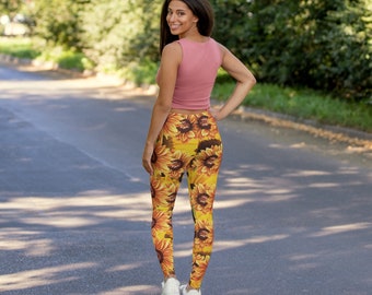 Women's Casual Leggings, Sunflower Printed Leggings, Gift For Wife, Gym Party Leggings, Casual Wear Leggings, Summer Leggings