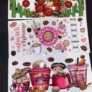 UV Dtf 16 oz Mexicano Cafecito Y Chisme, Trasfers Transparent Background, Glass Cup Stickers, Bundle of Three, Frida Kahlo, Concha’s y Cafe