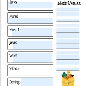 Może przedstawiać: Drukowany tygodniowy plan posiłków w języku hiszpańskim z listą dni tygodnia, od "Lunes" do "Domingo", oraz sekcją na listę zakupów zatytułowaną "Lista del Mercado". Obraz zawiera kreskówkowy taco i kreskówkową torbę na zakupy z warzywami.