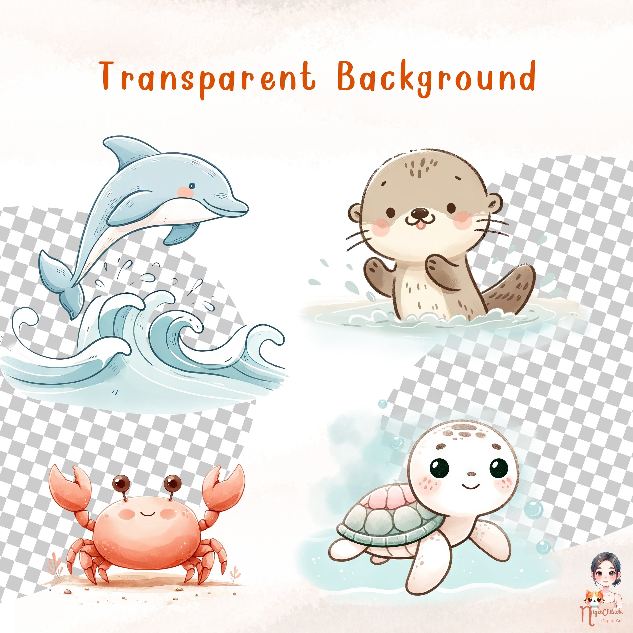 Cute Watercolor Summer Animals Clipart, 10 PNG Clipart, Summer Animals