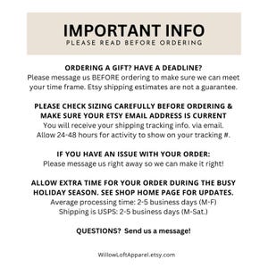 May include: A beige graphic with the text "IMPORTANT INFO" and "PLEASE READ BEFORE ORDERING". The text provides information about ordering gifts, sizing, email addresses, and order issues. The bottom of the graphic includes the shop's Etsy URL.