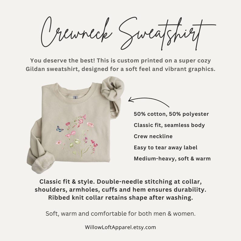 Może przedstawiać: Beżowa bluza z okrągłym dekoltem z haftem kwiatowym i napisem "Crewneck Sweatshirt". Bluza wykonana jest z mieszanki bawełny i poliestru, o klasycznym kroju i okrągłym dekolcie. Projekt zawiera motyla i r&oacute;żowe kwiaty.