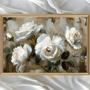 Puede incluir: Pintura enmarcada con rosas blancas en plena floración. La obra presenta cinco grandes rosas blanco crema con pétalos detallados, sobre un fondo texturizado de tonos beige y gris apagados. El marco es dorado.