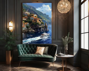 Lámina con diseño de yate en la costa de Amalfi: Paisaje marino de la Riviera italiana (Descarga digital)