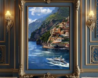 Lámina de yate en la costa de Amalfi / Paisaje marino de la Riviera italiana (descarga digital)