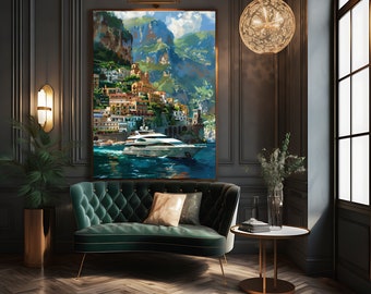 Lámina con diseño de yate en la costa de Amalfi: Paisaje marino de la Riviera italiana (Descarga digital)