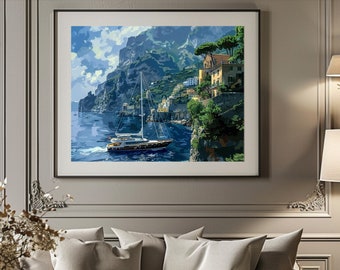 Lámina con diseño de yate en la costa de Amalfi, arte digital "Aguas Azules" (descarga digital).