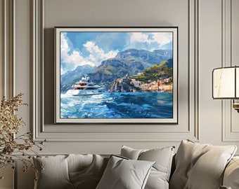 Lámina conmemorativa de un viaje en yate por la costa de Amalfi, vista del mar azul (descarga digital).