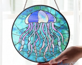 Suncatcher kwallen gebrandschilderd glas raamdecoratie decor, oceaan kunst aan de muur, kwallen suncatcher, kwallen ornament glas, cadeau voor haar