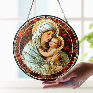 Virgin Mary And Baby Jesus Stained Glass Suncatcher, Holy Mother And Child Window Hanging Decor, Religious Gift, Christ Family Home Décor
