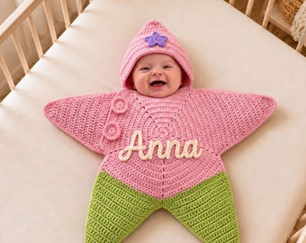 Personalized Crochet Starfish Baby Bodysuit, Custom Name Baby Outfit, Handmade Star Baby Romper, Baby Shower Gift, Baby Poncho For Newborn
