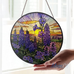 Violet Flower Sunset Stained Glass Suncatcher Hanging, Birth Month Flower Suncatcher Window Hanging, February Birthday Gift, Gift For Her