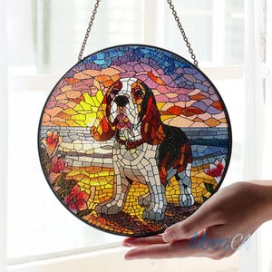 Basset Hound Stained Glass Sunset Beach Suncatcher Window Hanging, Basset Hound Suncatcher Ornament, Dog Lovers Gift, Dog Memorial Gift