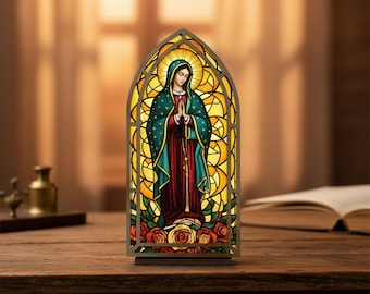 Bokkrokslampa från Vår Fru av Nåd, bokkroksdekor av Jungfru Maria, kristen trosgåva för bön, solfångare av Lady of Guadalupe