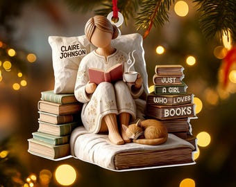 Personalized Just A Girl Who Loves Books Ornament, Custom Reading Books & Cat Christmas Decoration, Gift For Book Lovers, Cat Lovers Gifts