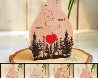 Personalized Name Wooden Bear Family Puzzle, Hugging Bear Family Puzzle, Mother's Day Gift, Father's Day Gift, Animal Family Puzzle Décor