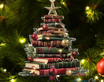 Adorno de árbol de Navidad con forma de pila de libros, adorno de Navidad para amantes de los libros, regalo para amantes de los libros, librería, decoración navideña para bibliotecarios, decoración para salas de lectura