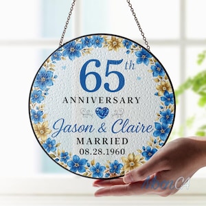 Custom 65th Wedding Anniversary Stained Glass Suncatcher, 65th Wedding Anniversary Blue Sapphire Ornament, Custom Anniversary Ornament