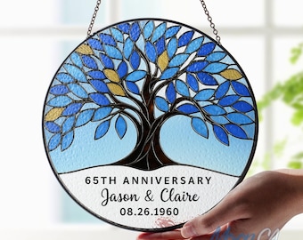 Custom 65th Blue Sapphire Wedding Anniversary Suncatcher Window Hanging, 65th Wedding Anniversary Ornament, Wedding Anniversary Keepsake