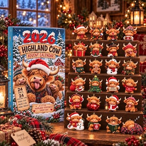 Op de afbeelding: Een 2026 Highland Cow adventskalender met een cartoonkoe in een kerstmuts, naast een houten display met 24 miniatuur Highland-koe ornamenten, elk voorzien van feestelijke accessoires zoals sjaals, mutsen en kleine cadeautjes.