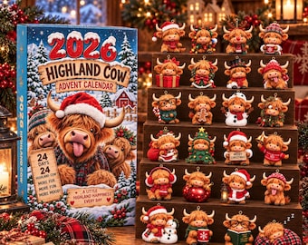Highland Cow Advent Calendar 2026, Christmas Blind Box, 24 Mini Highland Cow Figures, Cute Farm Animal Collectible Holiday Gift