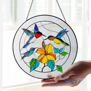 Hummingbird Stained Glass Suncatcher, Hummingbird Ornament Window Hangings, Memorial Gifts, Hibiscus Plant Suncatcher, Housewarming Gift