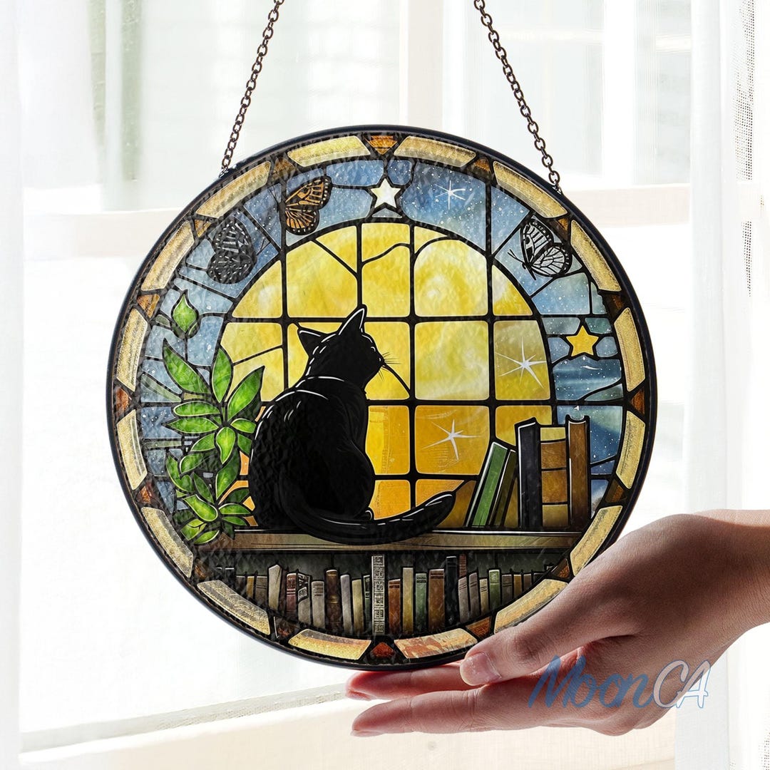 Bookworm Window Display Black Cat and Book Stained Glass Suncatcher Window Hanging, Cat Lover ...