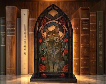Rincón de lectura de fantasía, Rincón de lectura con retrato de gato, Decoración de estantería con gato y rosa, Inserto de biblioteca, Rincón de lectura de fantasía, Regalo para amantes de la lectura y lectores