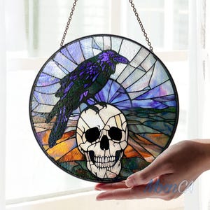 Stained Glass Black Raven Bird Suncatcher, Gothic Home Decor Window Wall Hanging Art, Gothic Suncatcher, Spooky Home Gifts, Black Bird
