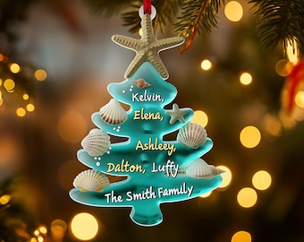 Custom Sea Glass Tree Ornament, Custom Family Name Christmas Ornament, Sea Glass Holiday Keepsake Gift 2025 for Beach Lovers, Xmas Decor