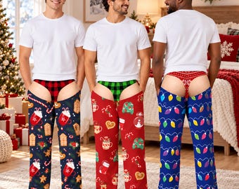 Funny Christmas Pajama Pants, Fake Underwear Illusion Lounge Pants, Plaid Holiday Sleepwear, Personalized Lounge Pants