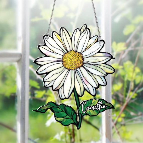Birth Flower With Name Acrylic Suncatcher Window Hanging Ornament