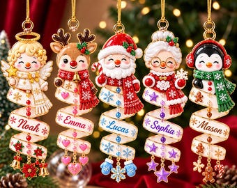 Personalized Christmas Character Ornament, Custom Name Acrylic Ornament, Angel Santa Reindeer Penguin Holiday Keepsake Gift, Family Keepsake