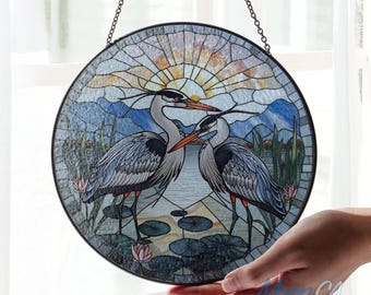 Blue Heron Couple Stained Glass Suncatcher Hanging, Heron Ornament Window Hanging, Heron Lover Gift, New Home Gift, Married Couple Gifts