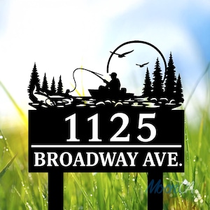 Personalized Boat Fishing Address Sign House Number Hanging Address Metal Sign With Stake, Outdoor Sign Garden Decor, Custom Address Sign