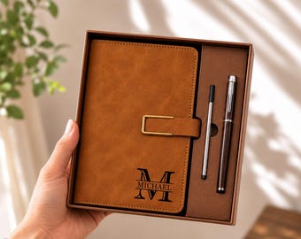 Cuaderno de cuero personalizado, diario grabado a medida con bolígrafo, cuaderno con monograma, regalo ejecutivo de negocios, regalo de agradecimiento de fin de año