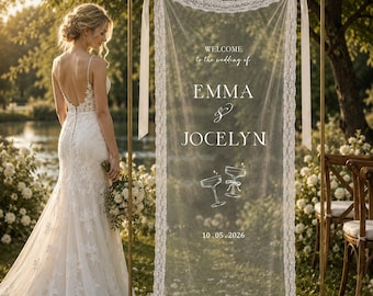 Letrero de bienvenida de encaje transparente para bodas, pancarta de boda personalizada, letrero de entrada para la ceremonia personalizado, elegante decoración de boda de gasa