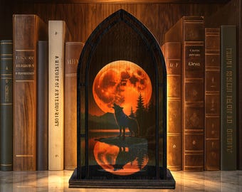 White Wolf Under Red Moon Book Nook, Faux Stained Glass Suncatcher Book Nook Insert, Fantasy Book Lover Gift, Candle Holder Bookshelf Decor