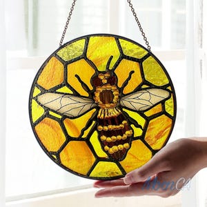 Bee Stained Glass Window Hanging Decor, Honeycomb Suncatcher, Garden Art, Nature Decor Style For New Home, Bee Lover Gifts, Bee Lover Décor