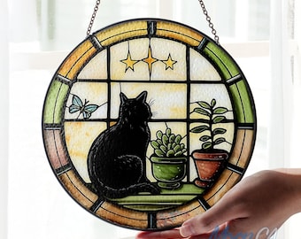 Black Cat Suncatcher Stained Glass, Cat Window Hanging Decor, Cat Lover Gift, Cat Mom Glass Ornament, Cat Mom Gift, Cat Owner Home Decor