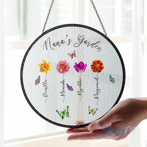 Aangepaste oma&#39;s tuin glas-in-loodraam, geboortemaand bloemen glas-in-lood, Moederdagcadeaus voor oma, aangepaste naam suncatcher