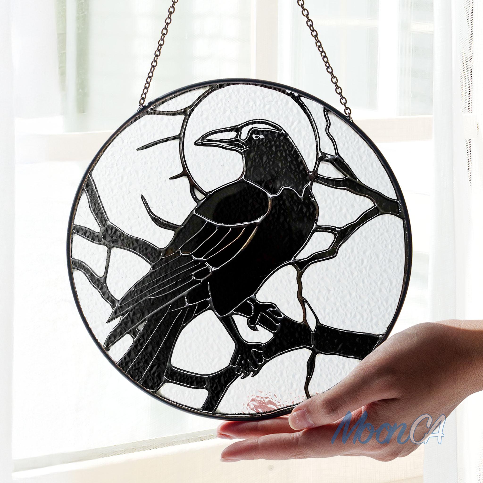 Buntglas Fensterbehang Mit Krähe – 20 Cm Durchmesser, Herbstliche Farben, Mit Aufhängekette