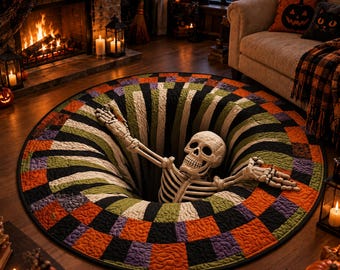 Quilted Halloween Mat, Spooky Skeleton Rug, Pumpkin Patchwork Floor Mat Gothic Fall Home Decoration Gift, Optical Illusion Rug Halloween Rug