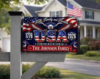 Personalize USA 250th Anniversary Mailbox Cover, Custom Family Name Patriotic Mailbox Wrap, Semiquincentennial 1776-2026 Eagle Mailbox Decor