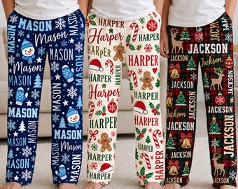 Personalized Christmas Pajama Pants, Custom Name Holiday Lounge Pants, Matching Family PJs, Kids Christmas Gift, Festive Sleepwear