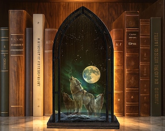 Mystic Wolf Under Moon Suncatcher Book Nook Decor, Crystal Window Light, Enchanted Bookshelf Accent For Wolf Lovers, Book Lovers Gifts