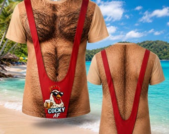 Funny Costume T Shirt, Fake Hairy Chest Shirt, Hawaiian Chicken Shirt, Funny Vacation Tee, Novelty Mens Shirt, Tropical Beach Party Gift