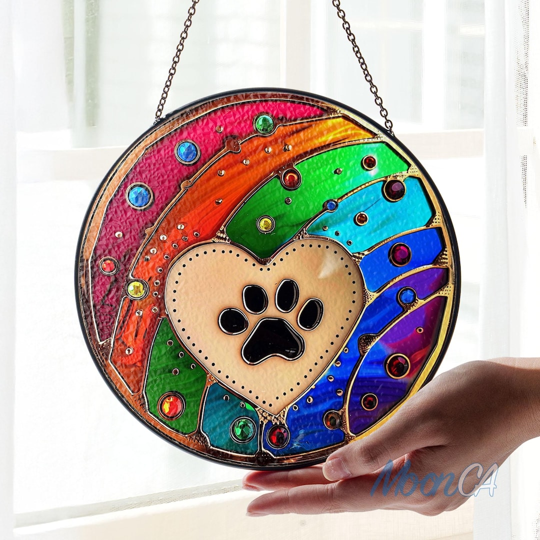 Dog Paw Suncatcher, Rainbow Bridge Stained Glass Sun Catcher. Rainbow ...